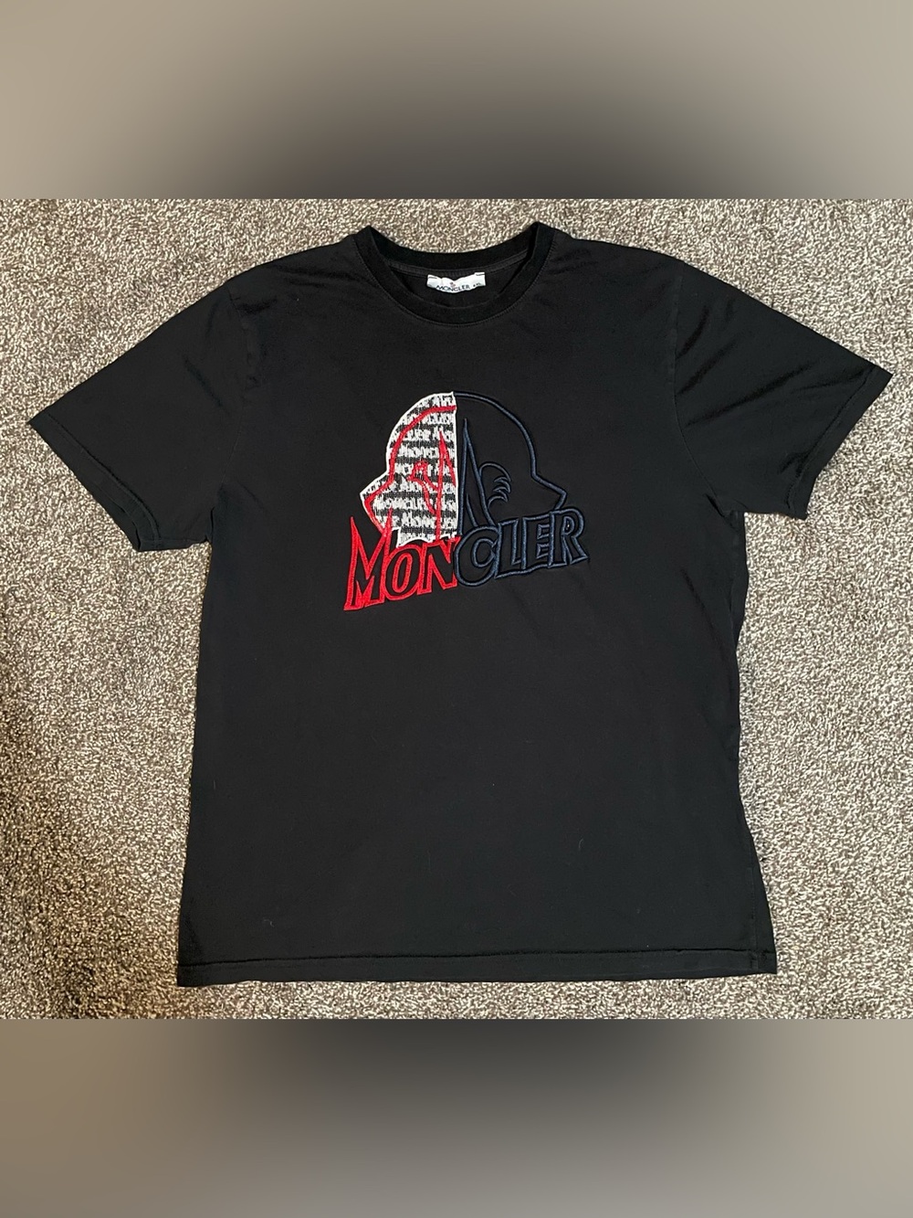 Moncler Black Tee with Red, Navy and White Embroidered Logo